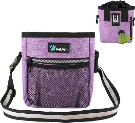 Dog Treat Pouch | Dog Training Pouch Bag with Waist Shoulder Strap, Poop Bag Dispenser | Treat Training Bag for Treats, Kibbles, Pet Toys | 3 Ways to Wear (Purple)