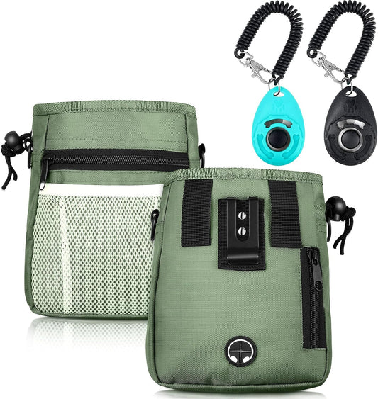 Dog Clicker Training Kit, Dog Treat Training Pouch and 2 Pieces Pet Training Clicker with Wrist Strap, Built in Poop Bag Dispenser Easily Carrying Pet Toys Treats for Dog Cat Pet (Army Green)